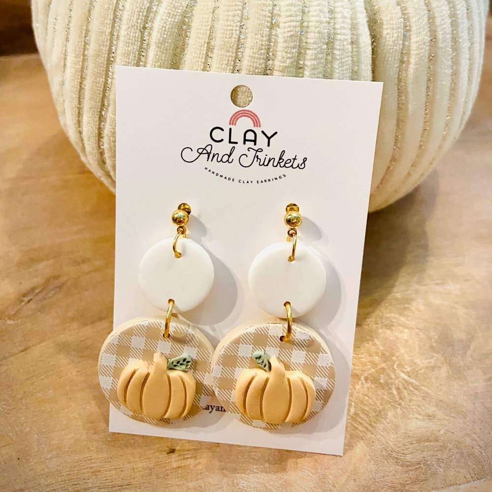 Gingham Pumpkin Fall Clay Earrings